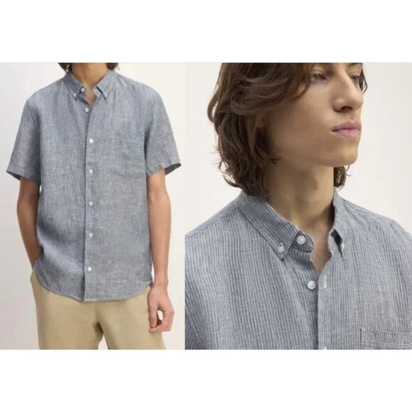 Everlane | NWT Linen Short-Sleeve Standard Fit Shirt Blue White Pinstripe | Sz M - Picture 1 of 9